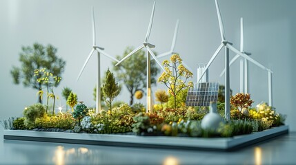 An environmental science exhibit displaying renewable energy models and conservation information, on a white background. Generative AI.