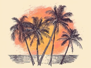 Sunset Silhouettes: Hand-Drawn Palm Trees Wallpaper