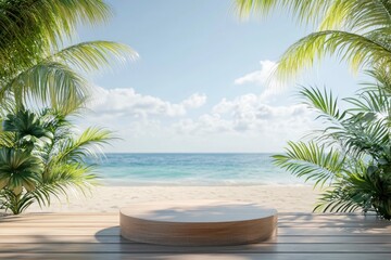 Fototapeta premium Summer product display on wooden podium at sea tropical beach with generative ai