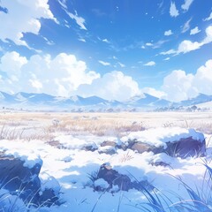 Enchanting Anime-Style Snowy Kingdom: A Beautiful and Dreamy Winter Landscape Background Illustration for Fantasy Art and 4K Gaming Concept Wallpapers,anime style