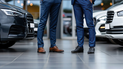 Two businessmen in suits discussing business while standing between luxury cars in a car dealership.