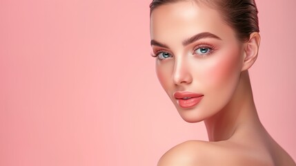 Fototapeta premium Stunning Portrait of a Beautiful Woman with Flawless Skin Against a Soft Pink Background