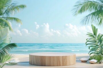 Fototapeta premium Summer product display on wooden podium at sea tropical beach with generative ai