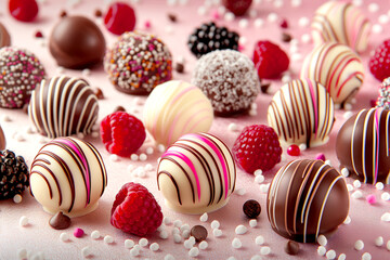 Obraz premium A close up of a variety of chocolate covered fruit, including raspberries. Concept of indulgence and luxury, as the chocolate-covered fruit is arranged in a visually appealing manner