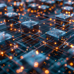 Futuristic digital circuit board with glowing data nodes.