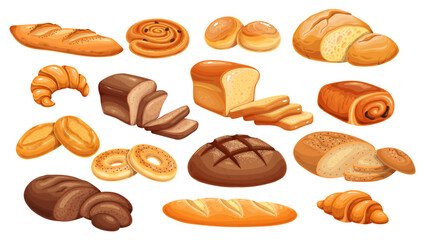 Bread and bakery products cartoon set. Whole loaf and cut into slices for toast, bagel and bun roll, French baguette and croissant, wheat and rye bread. Cartoon pastry collection vector illustration