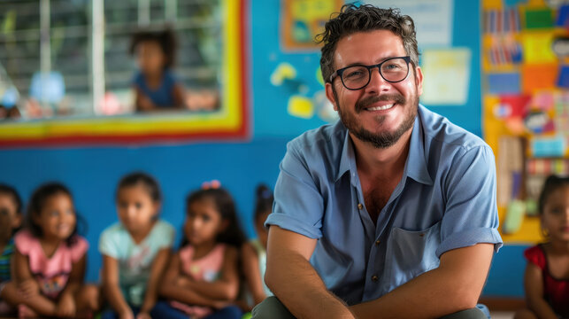 Brazilian Public School Teacher Smiling in a Classroom with Young Students Seated in the Background