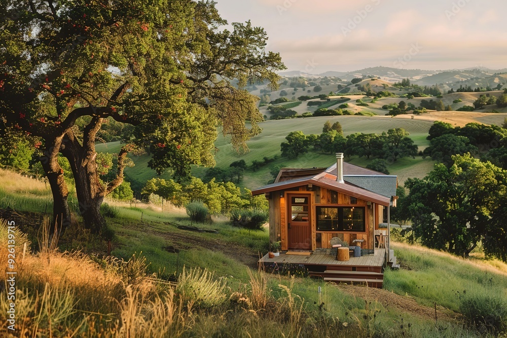 Sticker a cozy cabin nestled in a scenic landscape with rolling hills and trees.