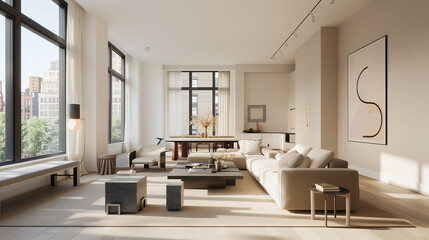 a spacious living room with clean lines, neutral colors, and minimal furniture. large windows, a sleek sofa, and a statement piece like a geometric coffee table or modern art on the wall