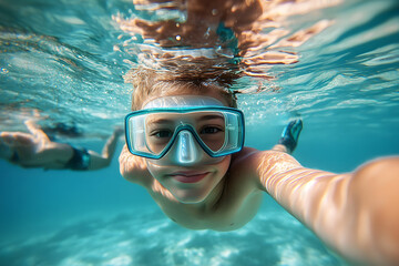 Naklejka premium School boy underwater wearing goggles takes selfie while snorkeling in clear water. Travel adventure and excitement of exploring marine life. Vacation timespending activitity diving snorkeling concept