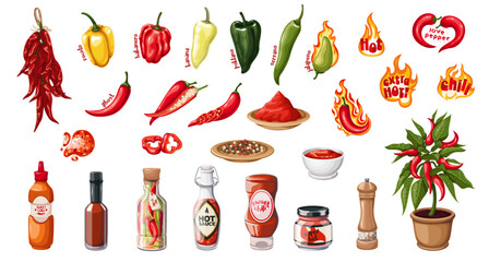 Hot chili peppers, sauces and spices, cartoon stickers set. Different chilli peppers pods, seasoning food products in bottle and bowl, typography label in spicy cartoon collection vector illustration