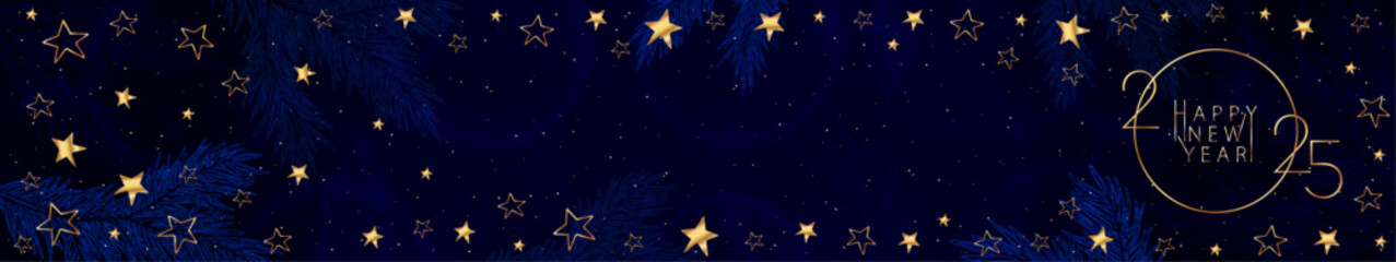 Happy New Year 2025. Festive blue banner of bright color with a stylized golden inscription, stars, highlights and blue spruce branches. Website header banner
