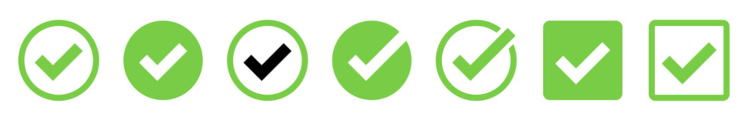 Green check mark and red cross icon collection. Tick symbol in green color. Circle and square. Hand-drawn checkmark. green circle white tick symbols. Vector illustration.