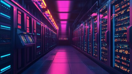 Fototapeta premium Long, empty server racks line a dimly lit, industrial corridor in an underground data center