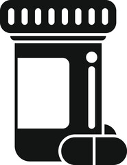 Black silhouette of a medicine bottle with pills lying next to it, isolated on a white background