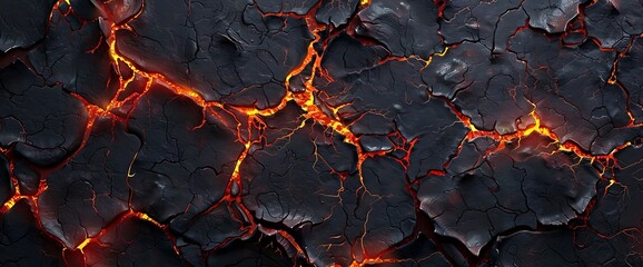 Close up view of cracked volcanic rock with molten lava flowing through the cracks.