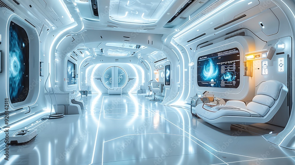 Poster Futuristic AI lab with holographic screens. Generative AI.