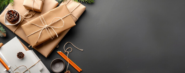 Top view of Christmas gifts wrapped in kraft paper with pinecones and twine, arranged on a dark background with festive elements.