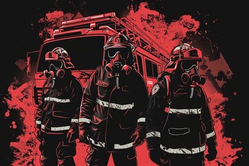 Obraz premium a group of fire fighters standing in front of a fire truck