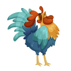 A colorful rooster with vibrant feathers standing and crowing. Cartoon style on a white background. Concept of farm animals and morning wake-up calls. Vector illustration © GN.STUDIO