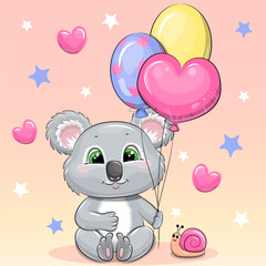 Naklejka premium Cute cartoon koala with balloons and snail. Vector illustration of an animal on a pink background with hearts and stars.