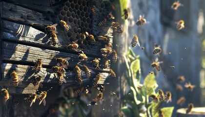 Fototapeta premium Bee hive in an apiary with honey in the combs. Spring harvest of medicinal honey collected in the summer.