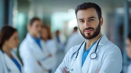 Confident Medical Professional with Team in Background - A confident male doctor in scrubs and stethoscope stands at the forefront, with his healthcare team blurred in the background.