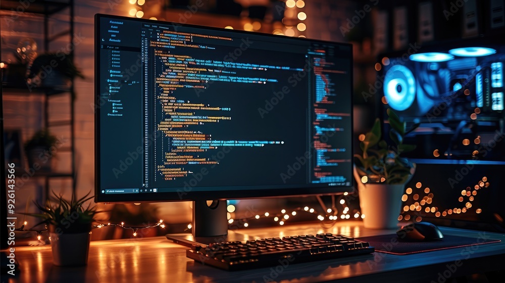 Poster A developer computer in a dark office, the monitor brightly displaying lines of code, the soft glow illuminating the keyboard. Generative AI.