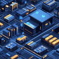 Isometric city built with electronic components, resembling a complex computer motherboard