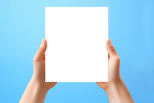Hands holding blank card paper sheet isolated on blue background with copy space. Generative AI. - Powered by Adobe