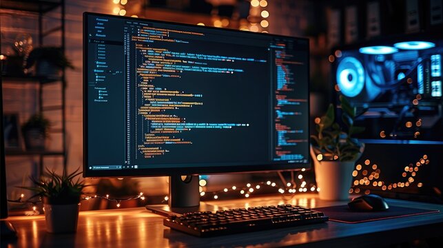 A developer computer in a dark office, the monitor brightly displaying lines of code, the soft glow illuminating the keyboard. Generative AI.