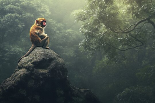 A monkey perched on a rock in a misty forest during the early morning hours
