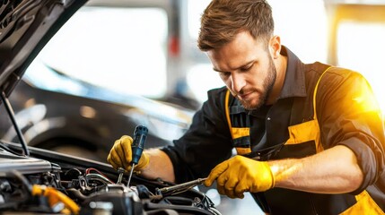 A mechanic working diligently on a car engine, showcasing skill and professionalism in an automotive repair shop.