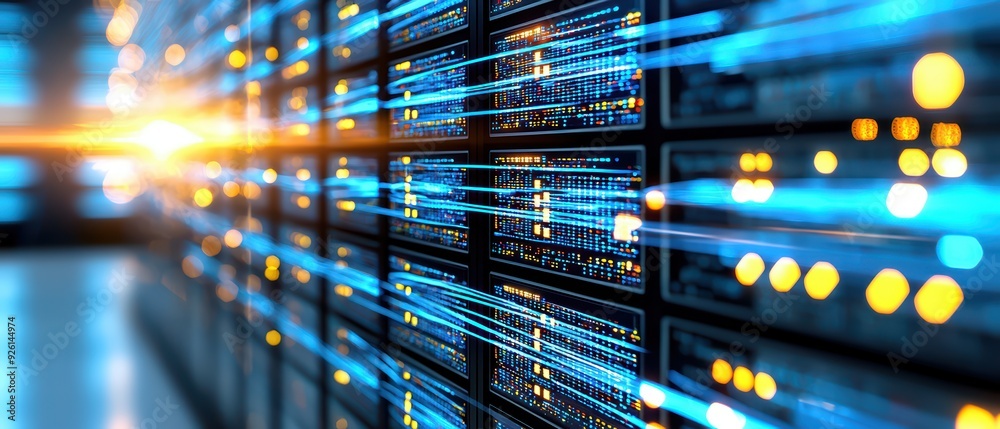 Poster a modern data center with illuminated servers showcasing a vibrant flow of data and technology in ac
