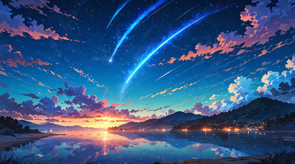 Anime-style landscape Inland see.