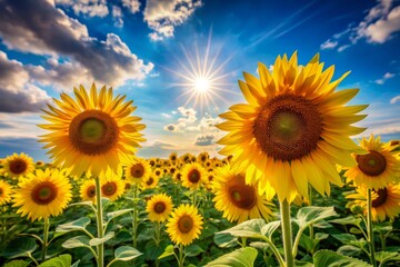 Fototapeta premium Vibrant yellow sunflowers stretch towards the sky, basking in warm sunlight, with a stunning background of more sunflowers, creating a bright and cheerful summer scene.