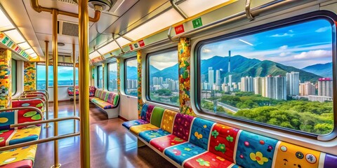 Obraz premium Colorful interior of a modern train carriage with whimsical cartoon-shaped grab handles and large windows, showcasing a scenic view of Lantau Island's urban landscape.