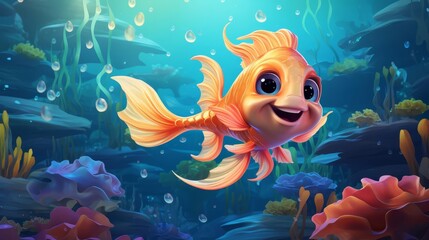 An illustration of a cheerful fish swimming in a coral reef