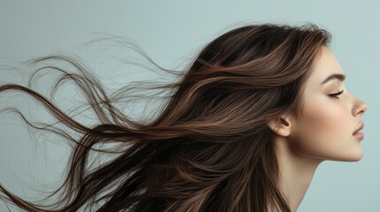 A woman with beautiful, flowing hair gazes thoughtfully to the side, capturing a moment of tranquility and grace