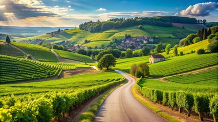 Obraz premium Scenic summer drive on RN7 free road, winding through lush green vineyards of Cote d'Or in Burgundy, France, with sun-drenched rolling hills and distant trees.