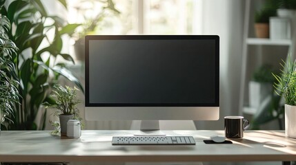 Fototapeta premium A minimalist workspace at home with a large monitor, wireless keyboard, and a cup of tea on a clean desk. The background is blurred, showing soft tones and greenery, creating a sense of calm and