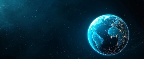 Naklejka premium Abstract blue planet Earth with glowing light connection lines on a dark grunge background