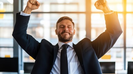 A successful businessman celebrating victory in a modern office environment, conveying a sense of achievement and optimism.