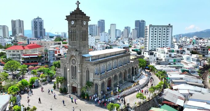 Aerial view of Stone cathedral in Nha Trang city, Vietnam. The oldest church built by the French in the 19th century. Gothic architectural style