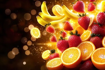 A vibrant assortment of fresh fruits, including bananas, strawberries, and oranges, illuminated with sparkling light.