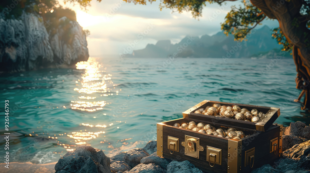 Poster a spot for pirate treasure on a pirate island, soft even lighting. generative ai.