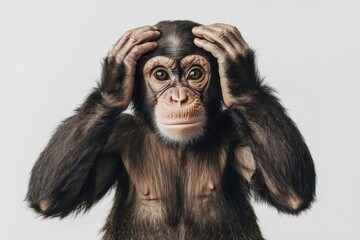 Fototapeta premium Elegant depiction of a monkey with its hands on its head against a plain background