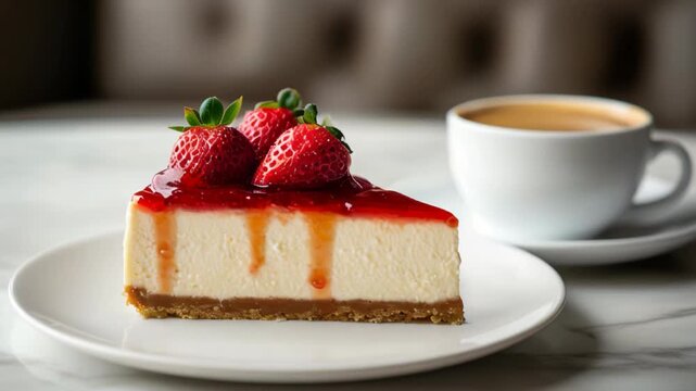 Slice of strawberry cheesecake with fresh strawberries on top, served on a white plate with a cup of coffee in the background