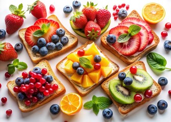 Vibrant breakfast arrangement featuring assorted toasts topped with colorful fruits and juicy berries, perfectly arranged on a white background with ample copy space.