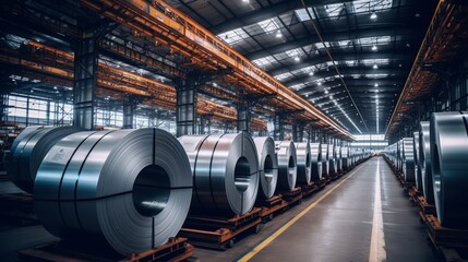 Fototapeta premium Rolls of galvanized steel sheet inside the factory or warehouse. Neural network ai generated art